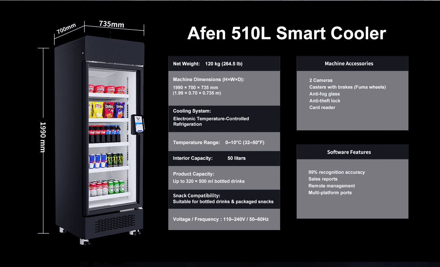 Umshini Wokuthengisa we-AFEN Smart Cooler AI 510L Ubukhulu kanye Nomthamo Umthamo wokugcina ophakeme womshini wokuthengisa we-AFEN AI ukhulisa inzuzo yokuthengisa endaweni encane