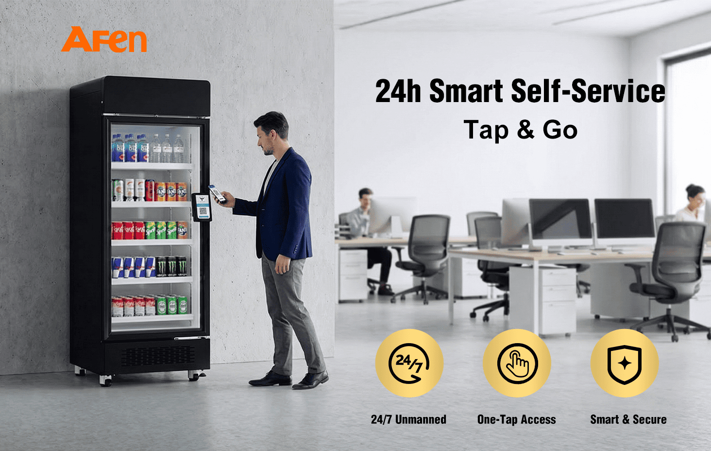 I-AFEN Smart Cooler 510L Hero Scene I-AFEN 510 smart cooler inikeza izixazululo zokuthengisa ezingenamuntu ezisebenziseka kalula amahora angu-24 ngosuku, izinsuku ezingu-7 ngesonto, emahhovisi nasezindaweni zokuzivocavoca